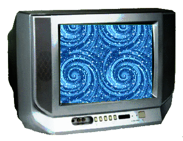 an old tv with blue swirls on the screen